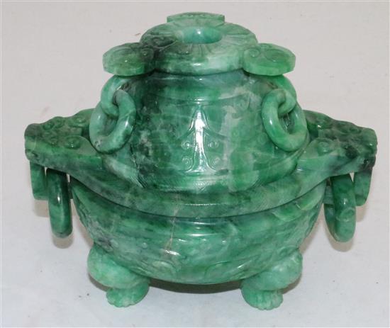 A good Chinese archaistic green jadeite censer and cover, Ding, 19th / 20th century, weight 1.6kg, width 16.7cm, height 13cm